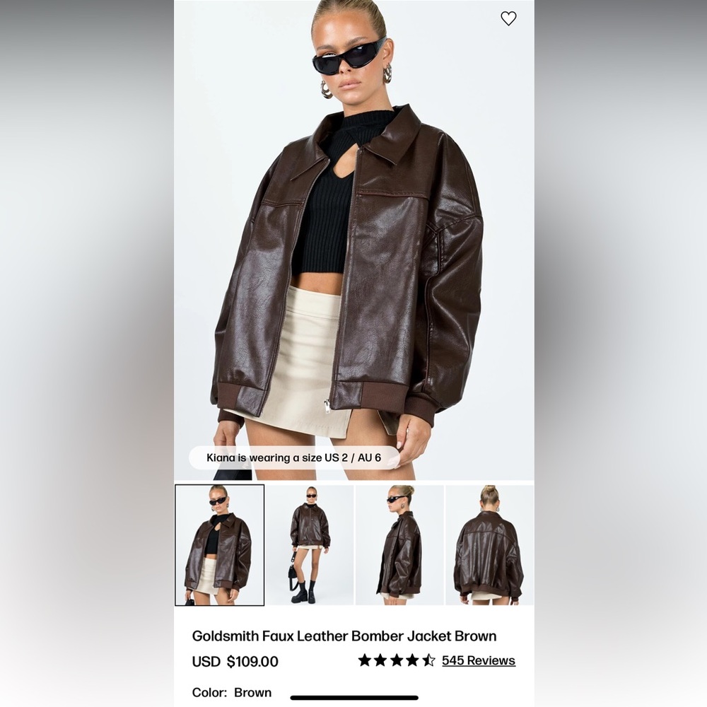 Princess Polly Goldsmith Faux Leather Bomber Jacket Brown